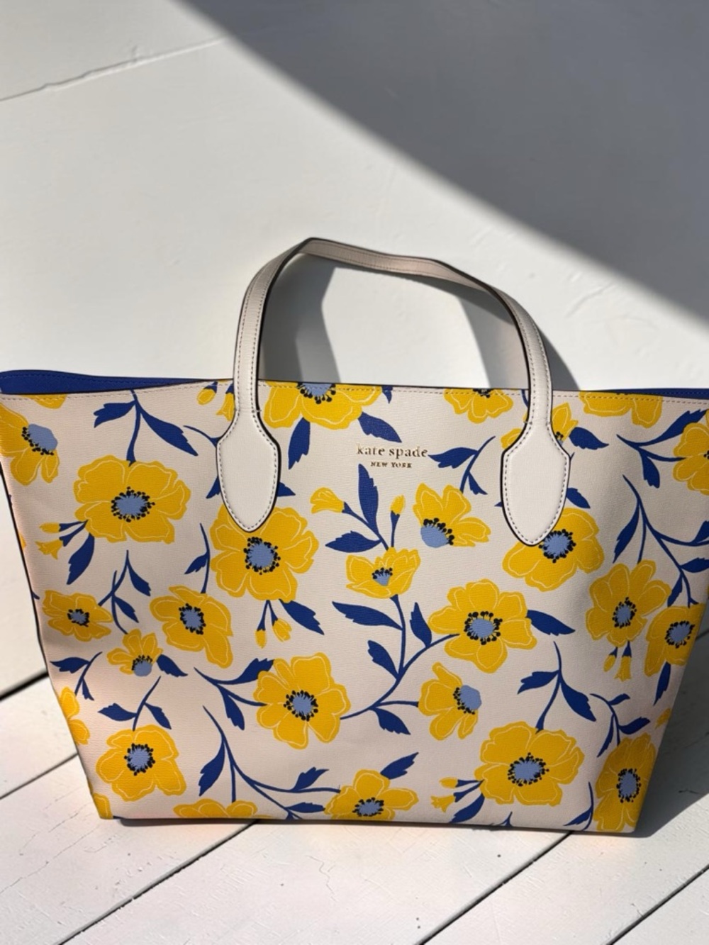 Kate Spade Reversible Floral Tote Yellow Blue Market Beach Bag Spring Summer